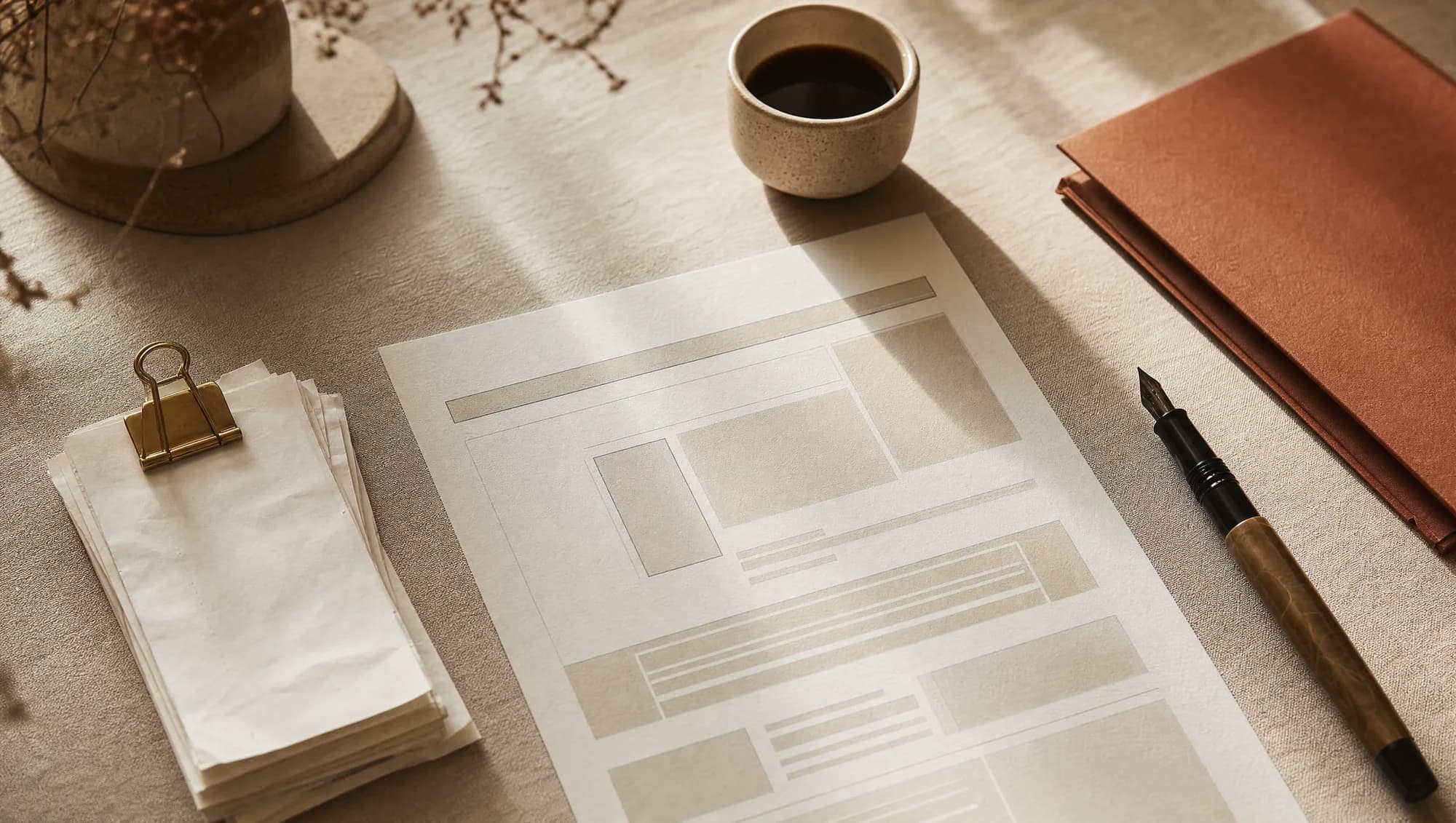 A printed media plan, a clipped stack of receipts and a folder on a linen desk in morning light
